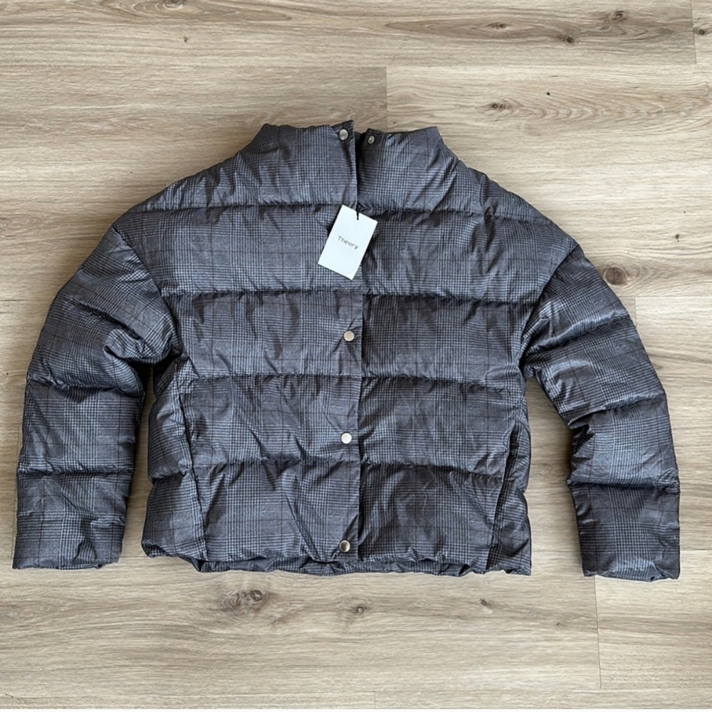 Theory Grey Multi Glen Plaid Puffer Jacket